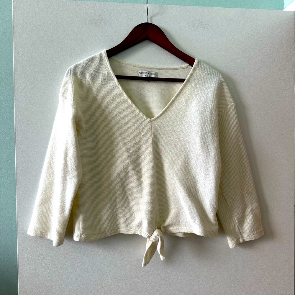 Madewell textured white crop tie long sleeve shirt blouse